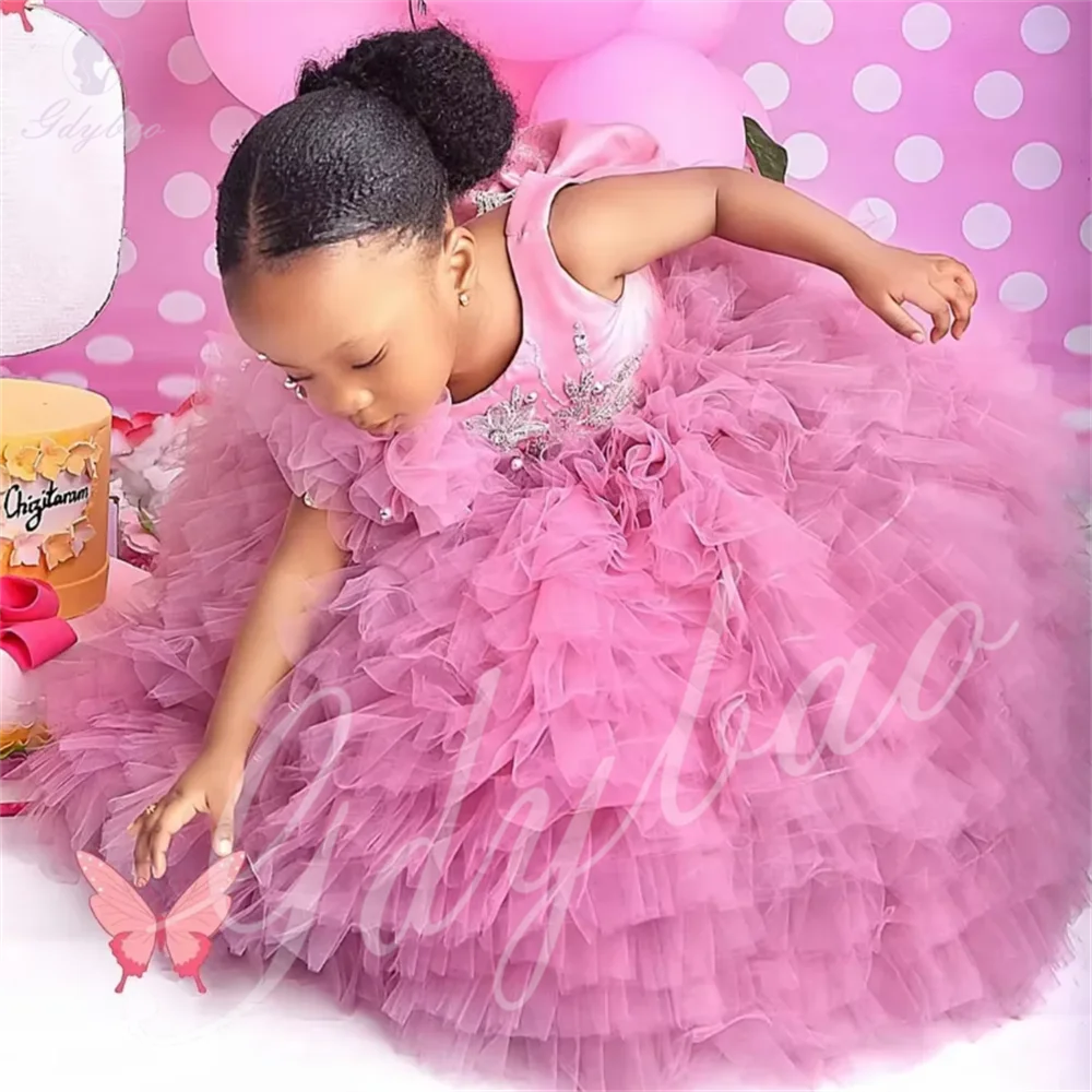 Pink Elegant Bow Flower Girl Dresses For Wedding Lace Ruffles Crystal Ruffles Kids Birthday Communion Gowns Customized
