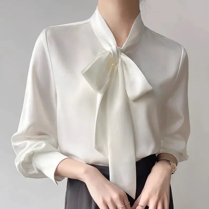 Elegant Bow Neck White Chiffon Shirts Women 2024 Fashion Autumn Winter Long Sleeve Tops Mujer Korean Style Office Ladies Blouses