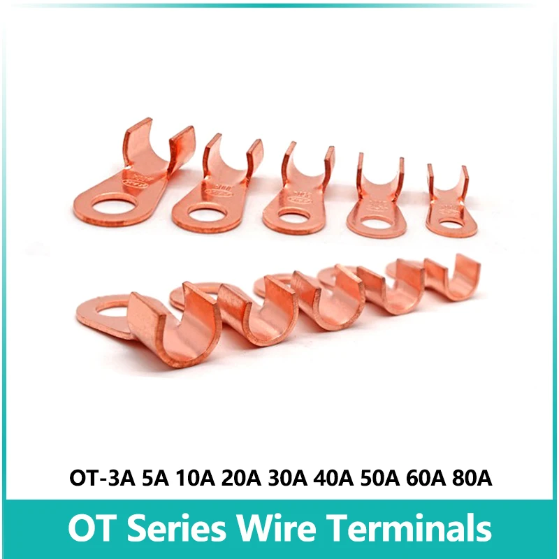 

OT Series Wire Terminals 3A 5A 10A 20A 30A 40A 50A 60A 80A Red Copper Bare Nose Lugs Crimp Open Mouth Cable Connector Splice