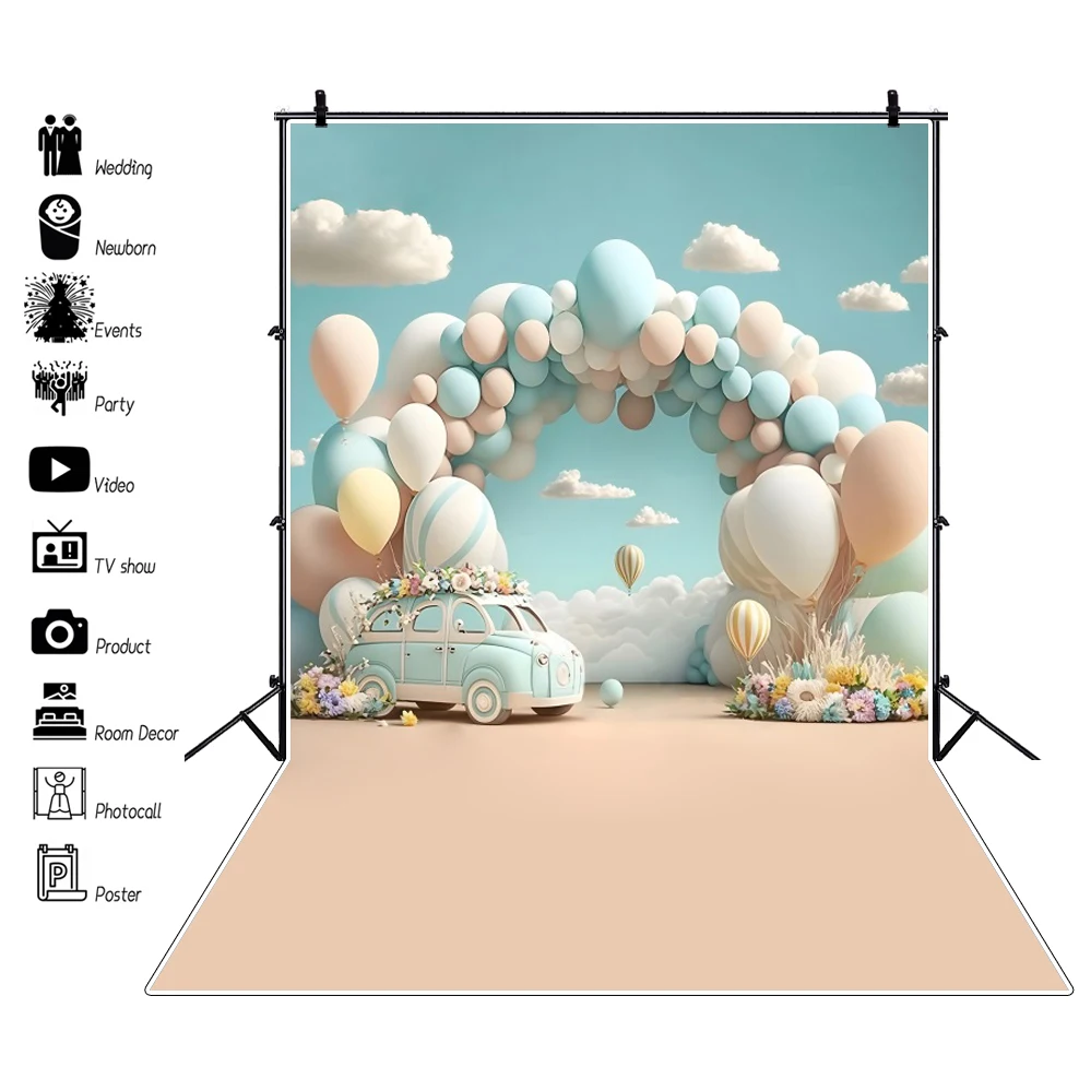 Baby 1st Birthday Photography Backdrops Boy And Girl Baby Shower Balloon Flower Party Decor Photographic Background Photo Studio