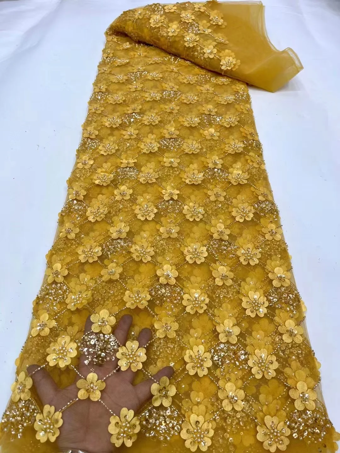 

Gold High Quality African Nigerian Sequins Tulle Lace Fabric Embroidery With Bead Tube 3D Multilayer Flower Wedding Party Dress