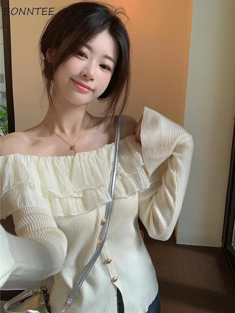 

Slash Neck Pullovers Women Sweet Ruffles Off-shoulder Sweater Hotsweet Spring Gentle Feminine Sexy Knit Korean Fashion Clothing