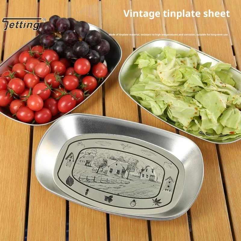Retro Storage Tray Round Tinplate Desktop Disc Fruit Snack Pastry Plate Dessert Candy Dish Household Kitchen Food Storage Tools