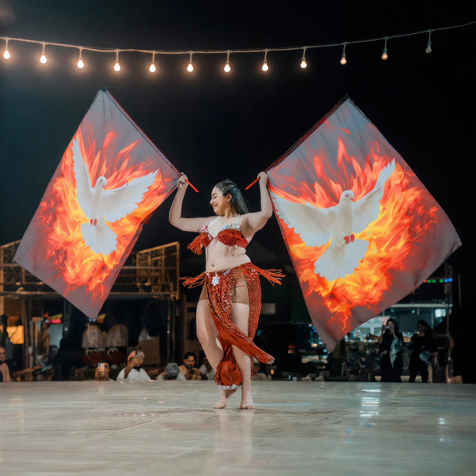 2Pcs Worship Dance Flag Portable Semicircle White Dove Fire Worship Flag with Telescopic Rod and Storage Bag for Festival Stage