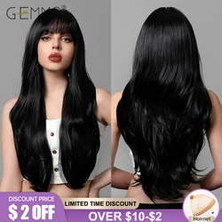 GEMMA Long Black Straight Synthetic Wigs with Bangs for Women Layered Natural Hair Cosplay Party Daily Use Heat Resistant Wig