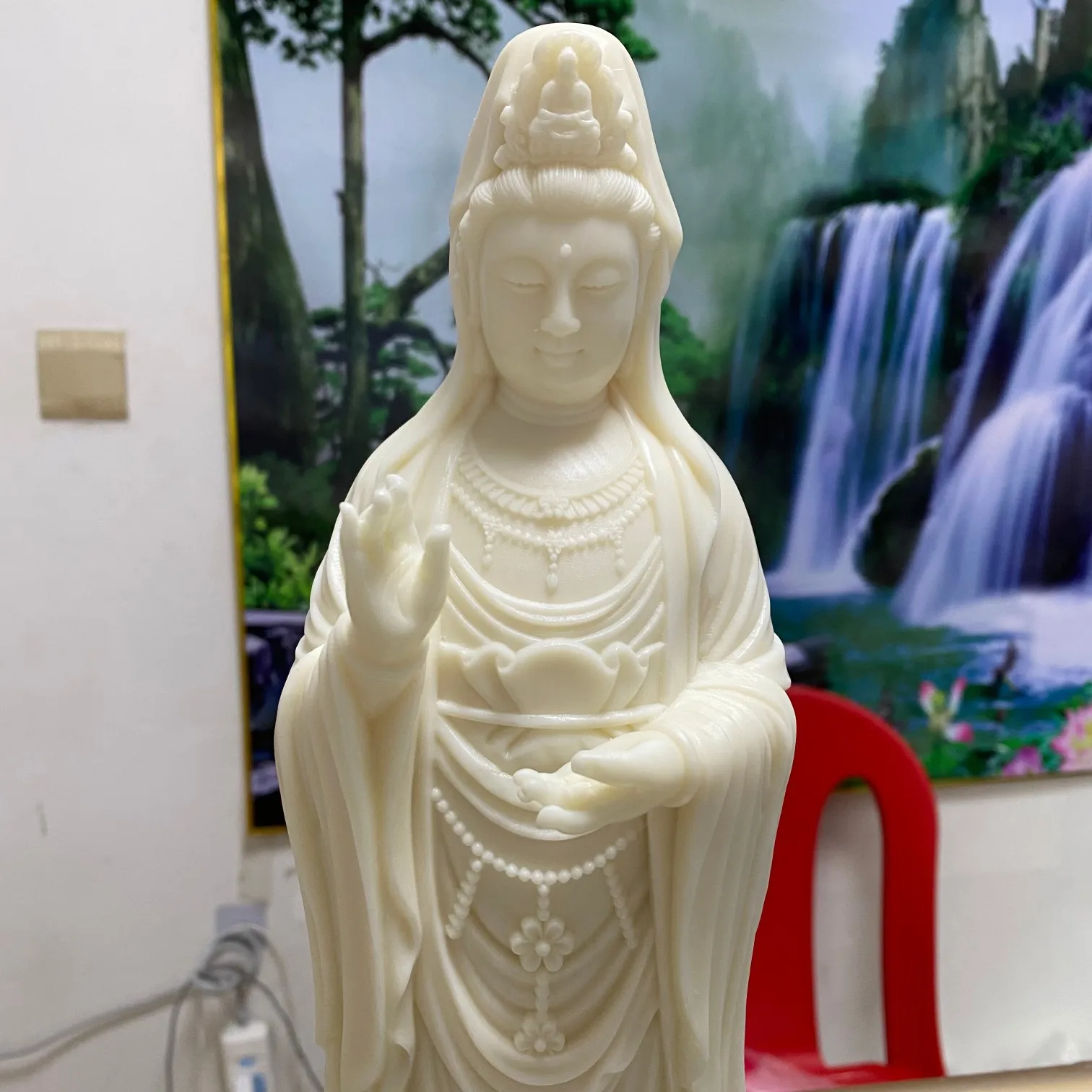 Natural Tagua Nut Hand Carved South Sea Kwan Yin Figurine 38x15x15cm Home Worship Desktop Chinese Style Collectible OrnamentGift