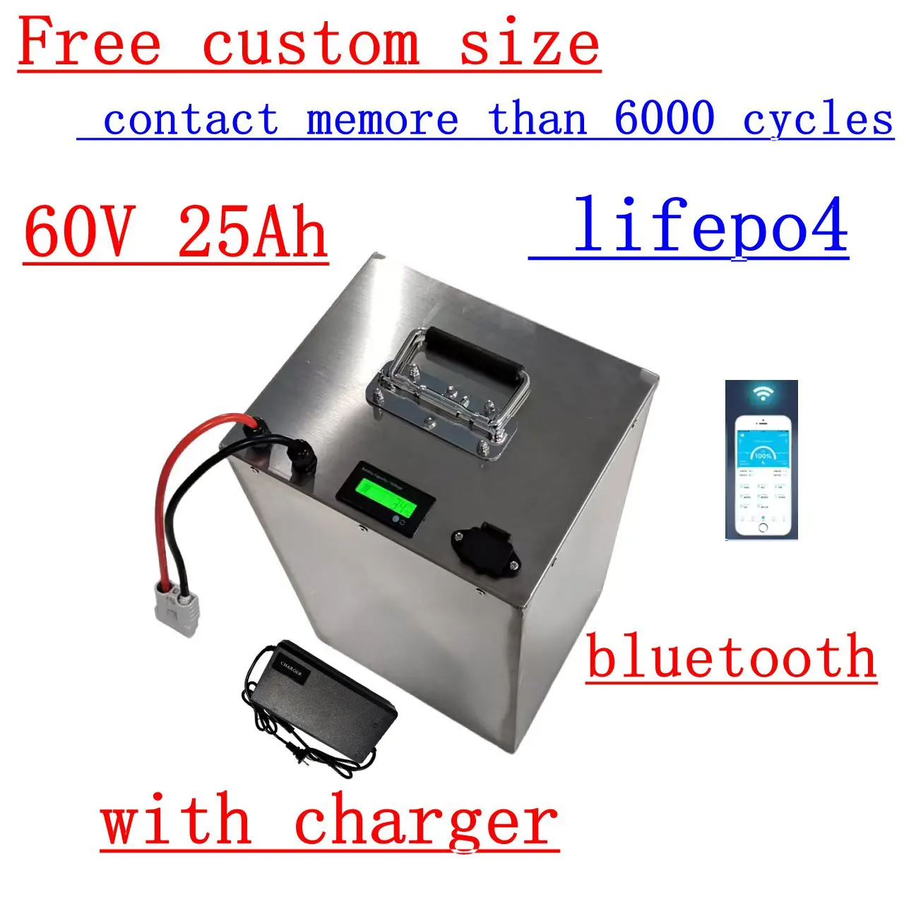 

100Ah 60V 60Ah 80Ah 30Ah 60V 40Ah 150Ah 120Ah lifepo4 Lithium battery with Bluetooth APP BMS for Scooter boat + charger