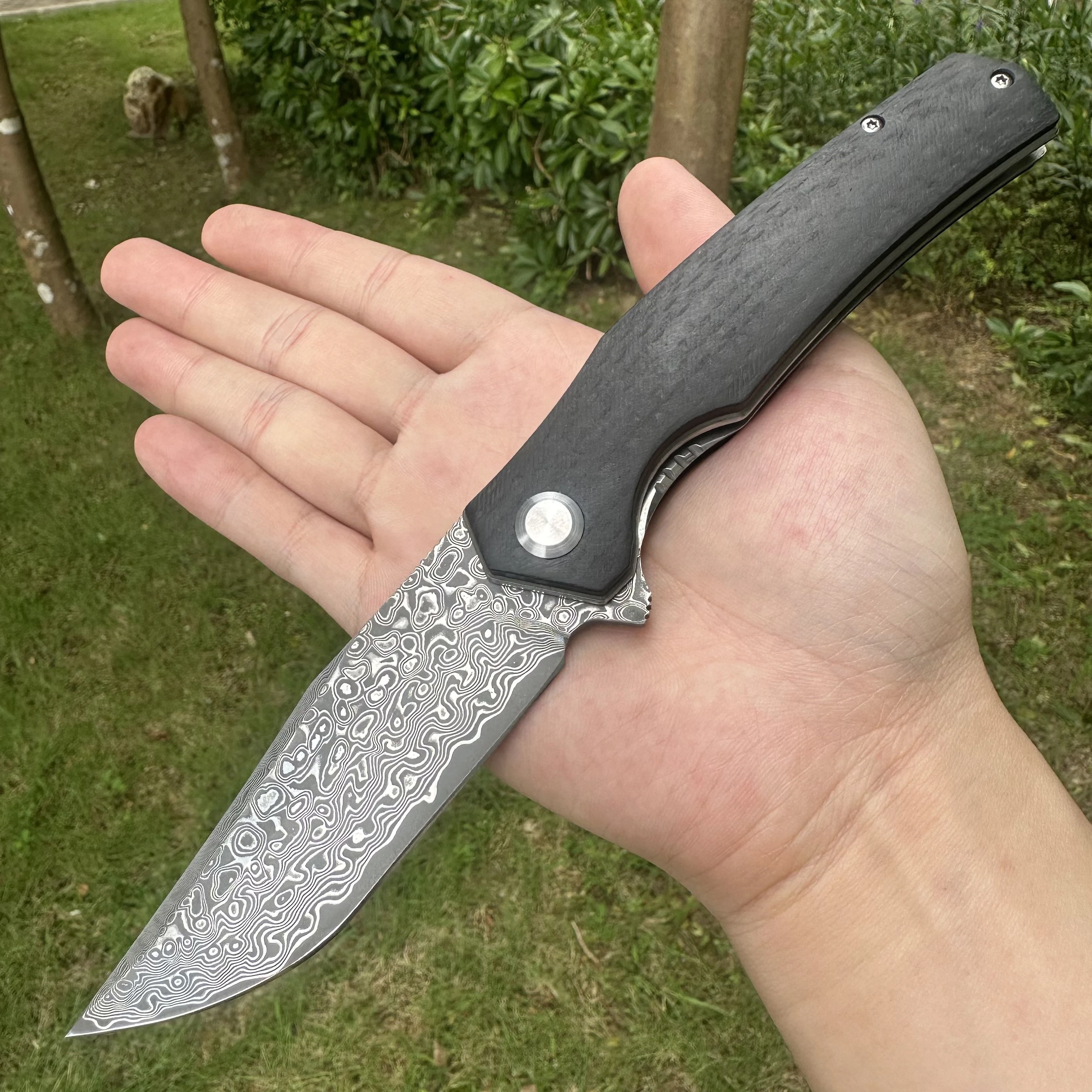 

Topwell Handmade Big Size Folding Knife Perfect Quality Damascus Steel Blade Carbon Fiber G10 Handle Sharp&Solid Knife EDC Camp