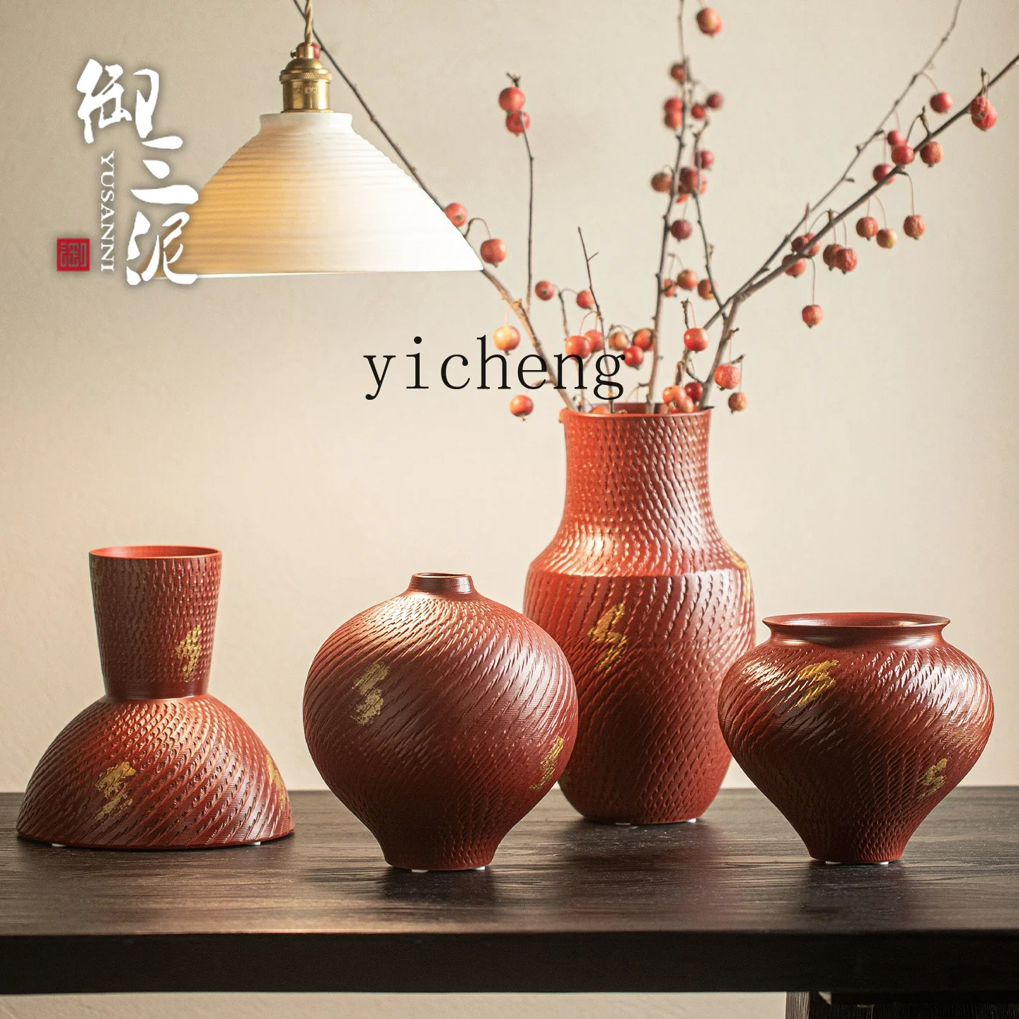 

HXL Decorative Living Room Flower Arrangement Hotel Red Light Luxury Style Ornament Ceramic Pot