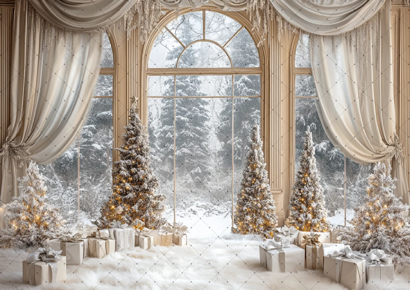 Christmas Tree Photography Christmas White Palace Wedding Party Window Christmas Tree Gift Background Winter Family Kids Photo