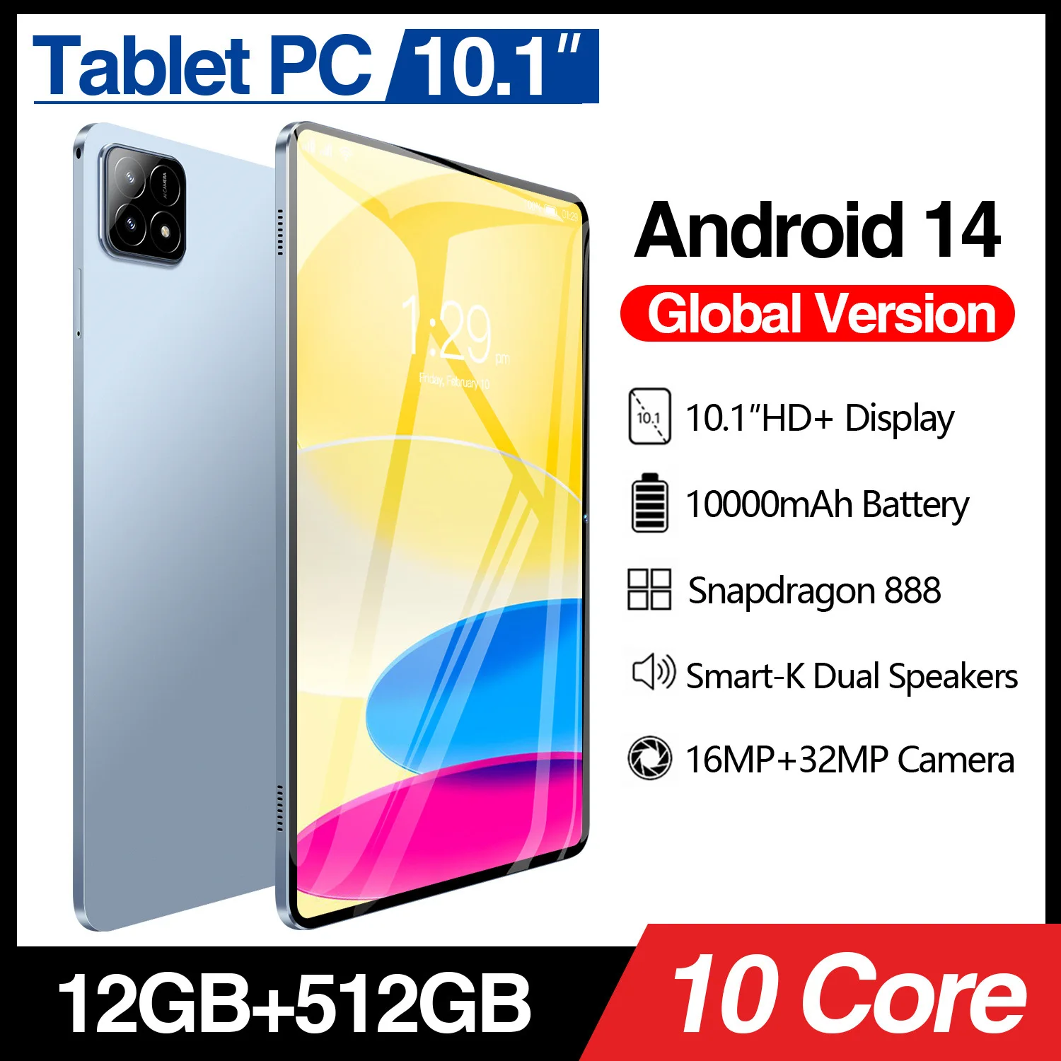 

WM 10.1 Inch Tablet Android 14 Phablet Support phone SIM cards 12GB RAM 512GB ROM 4 Cores,1TB Expand,1280x800 IPS Screen 5000MAH