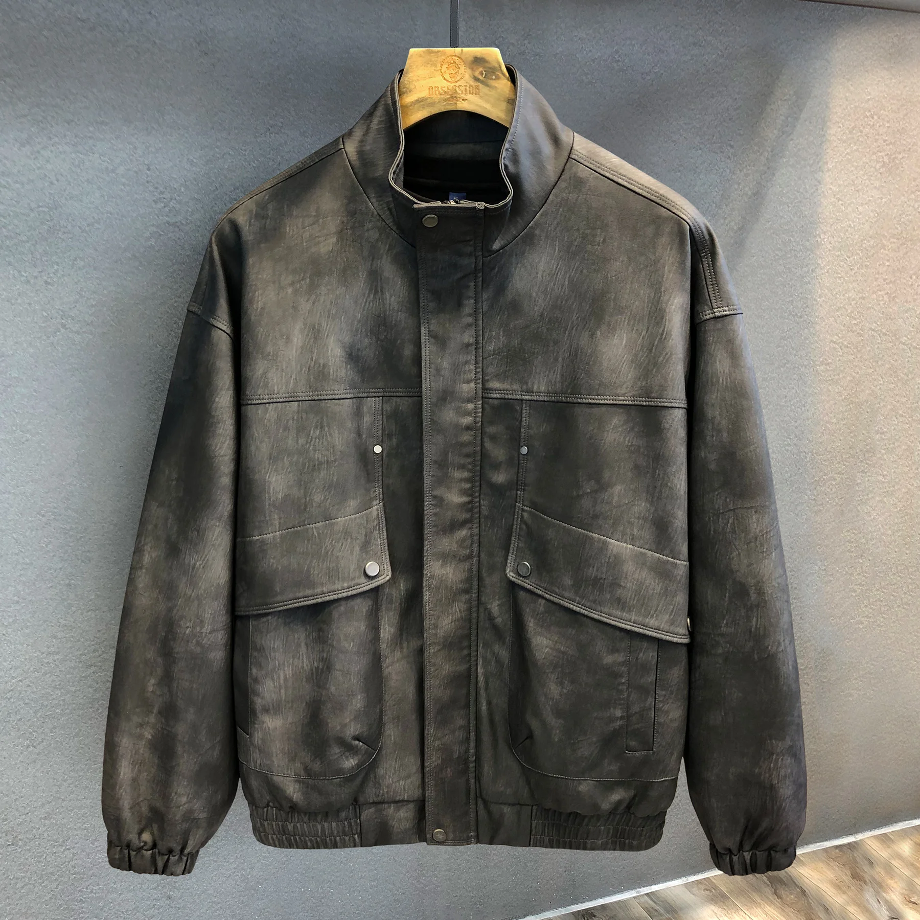 

Hong Kong Island Travel Inspired Matte Brushed Texture Washed Workwear Jacket for Men - Vintage Motorcycle Leather Coat Autumn