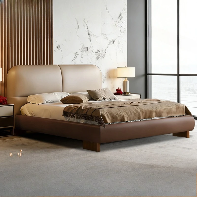 leather bed, master bedroom embedded wedding bed large flat layer minimalist solid wood retro double soft bag bed