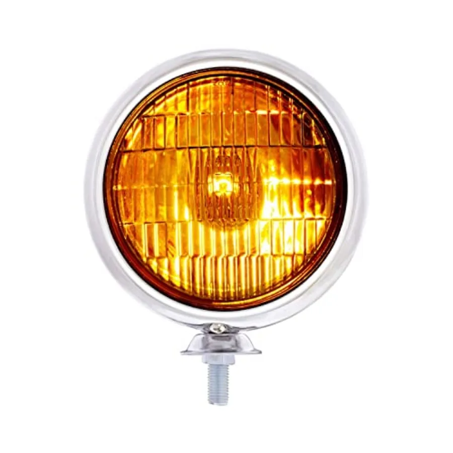 

C364009 6V Vintage Style Glass Fog Light w/Housing H3 Halogen Bulb Universal Fitment Chrome Housing Amber Lens ONE Unit