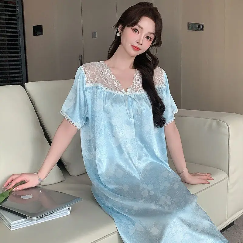 

Лето 2025 года, сексуальное кружевное белье с короткими рукавами, шелковые атласные ночные рубашки для женщин, корейская милая одежда для сна, ночное платье, ночная рубашка, ночная рубашка