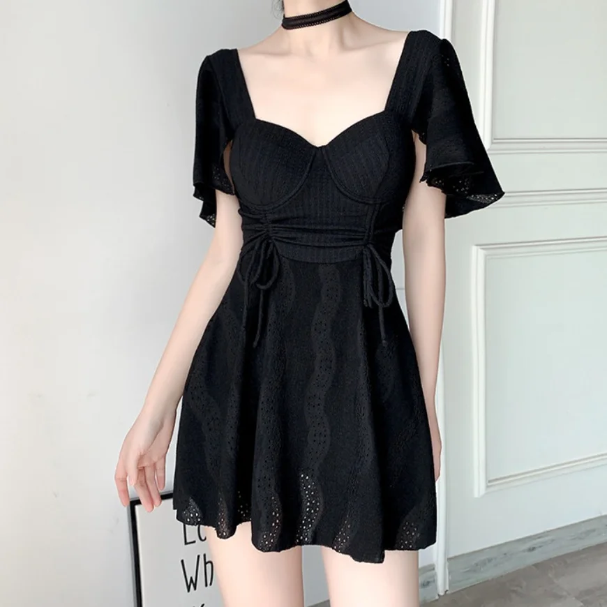 Lace Up Short Sleeve Zipper Skirt Swimsuit Drawstring Hollow Out Hot Spring Swimwear with Padded Ruffle Swimming Pool Swimwear