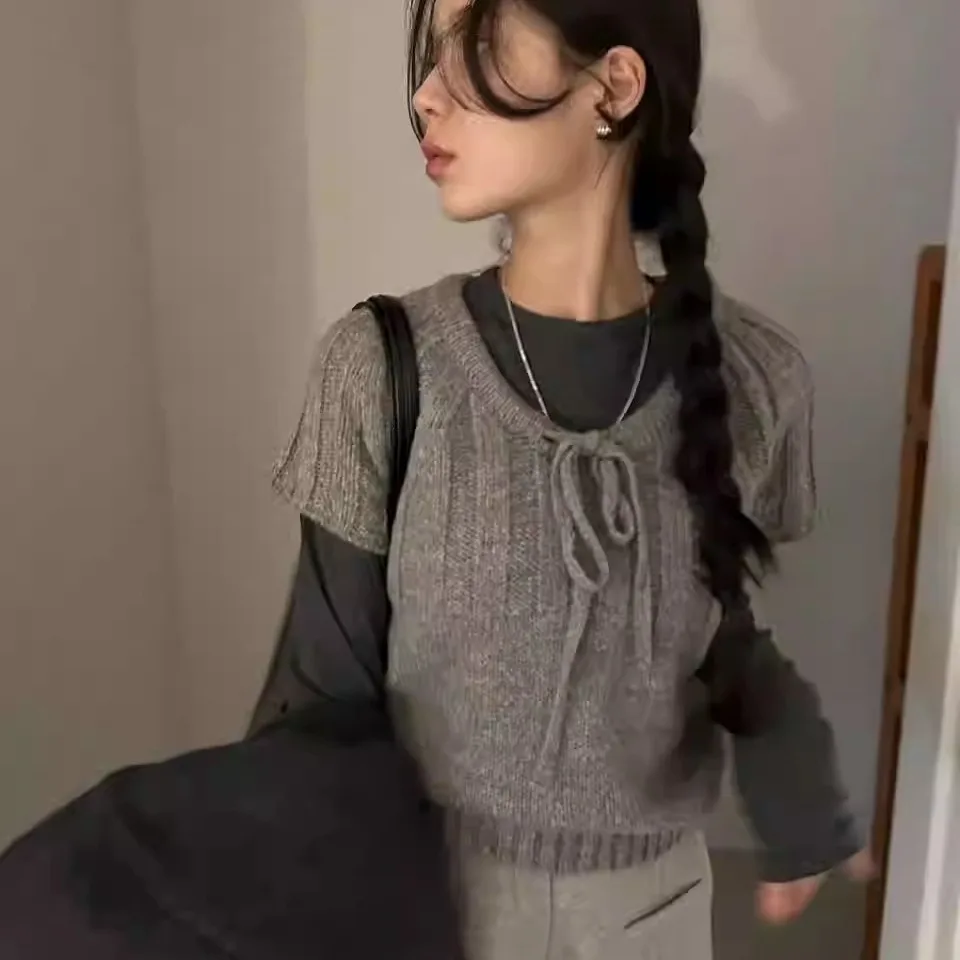 Women's Knitted Sweater with Drawstring Short Sleeve Inner Wear Tassel Twist High-End Lazy Style Autumn Winter Fashion Top