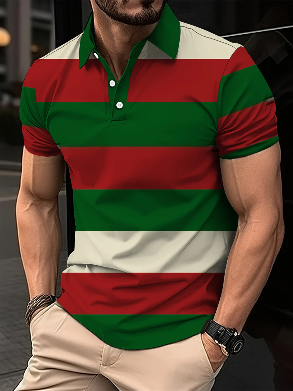 New Summer Men's Polo Shirt 3D Fashion Splice Striped Printed Short Sleeve Lapels Shirts Men Business Casual Loose Clothing Tops