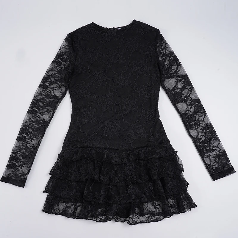 Dark Solid Patchwork Lace A-Line Dress Sexy Slim O-Neck Long Sleeve Mini Dresses For Women 2025 Autumn Spring Fashion Ladies