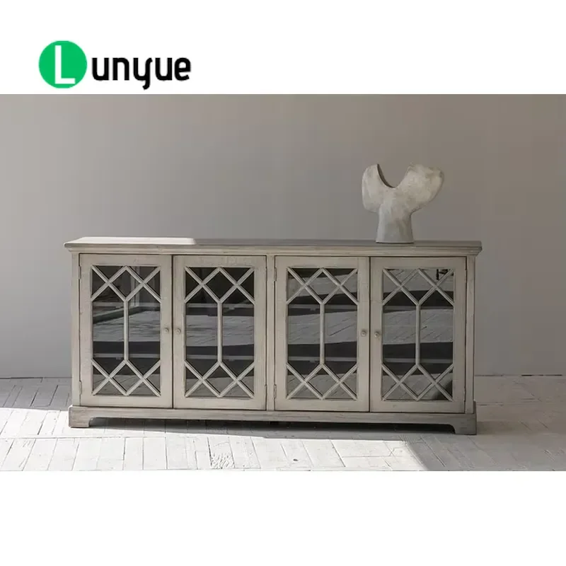 Mid Century Country Luxury Solid Wood Recycled Pine Antique Design Sideboard with Glass for Living Room Furniture Storage
