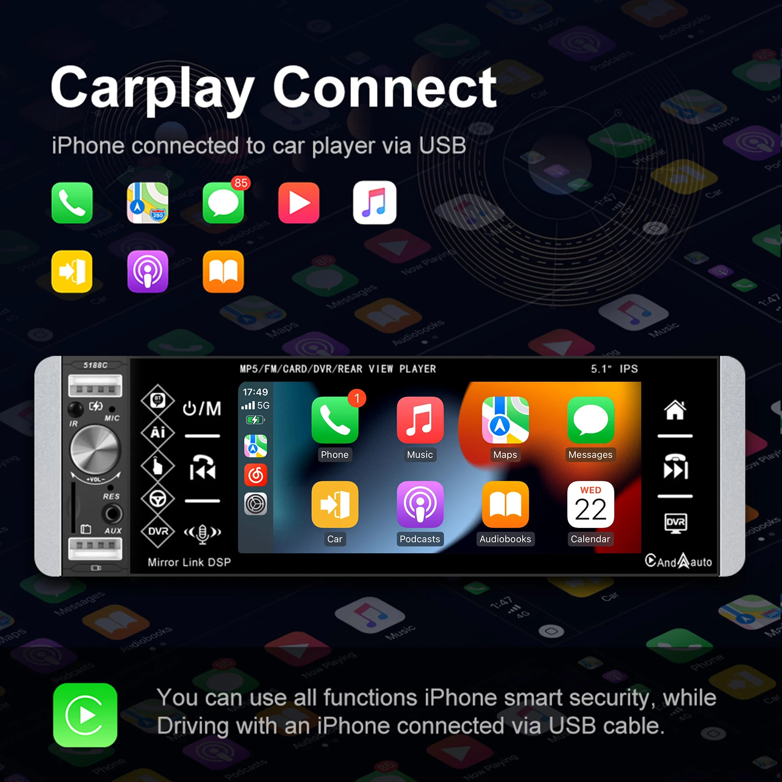 Podofo 1 Din 5.1 ''HD سيارة MP5 راديو مشغل فيديو Carplay أندرويد السيارات بلوتوث راديو السيارة FM RDS إلى USB SD DVR مساعد الصوت
