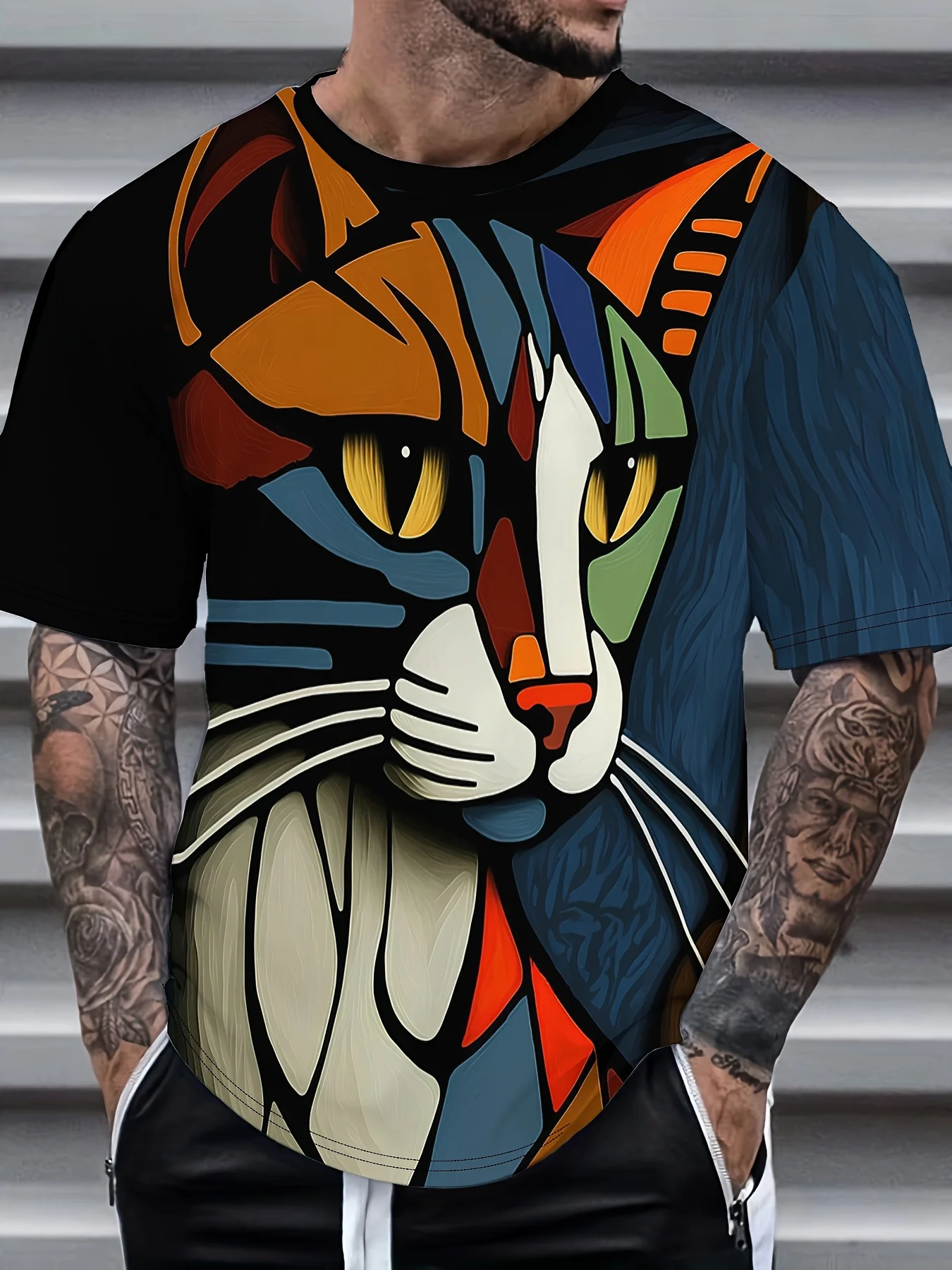 T-shirt pour homme à imprimé chat géométrique coloré, motif visage de chaton en mosaïque abstraite, col rond, manches courtes