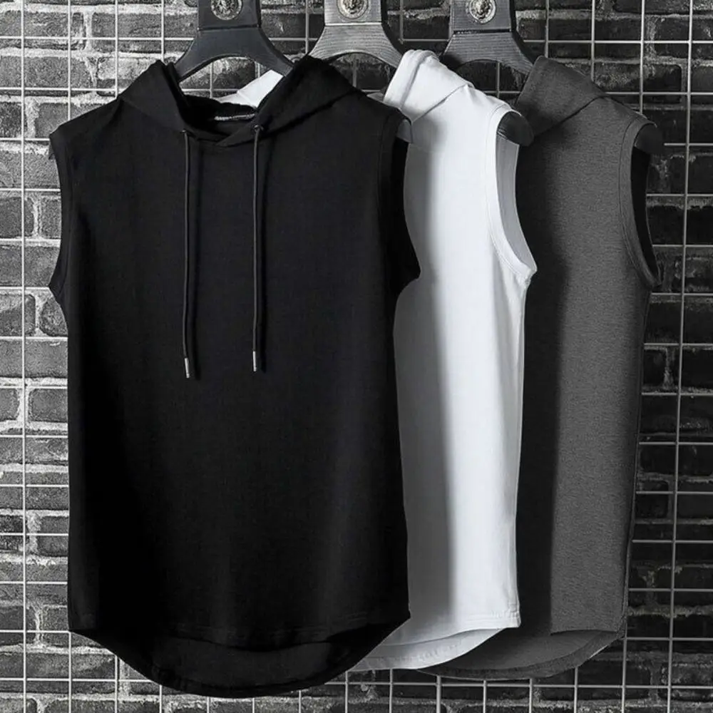 

New Solid Color Men Gym Sleeveless Hoodie Sweatshirt Elastic Men Tank Top Plus Size Fitness Hoodie Vest