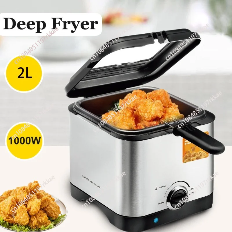 Electric Deep Fryer 2L 1000W Small Oil Fryer with Basket for Home Use Frying French Fries Chicken Wings & Donuts