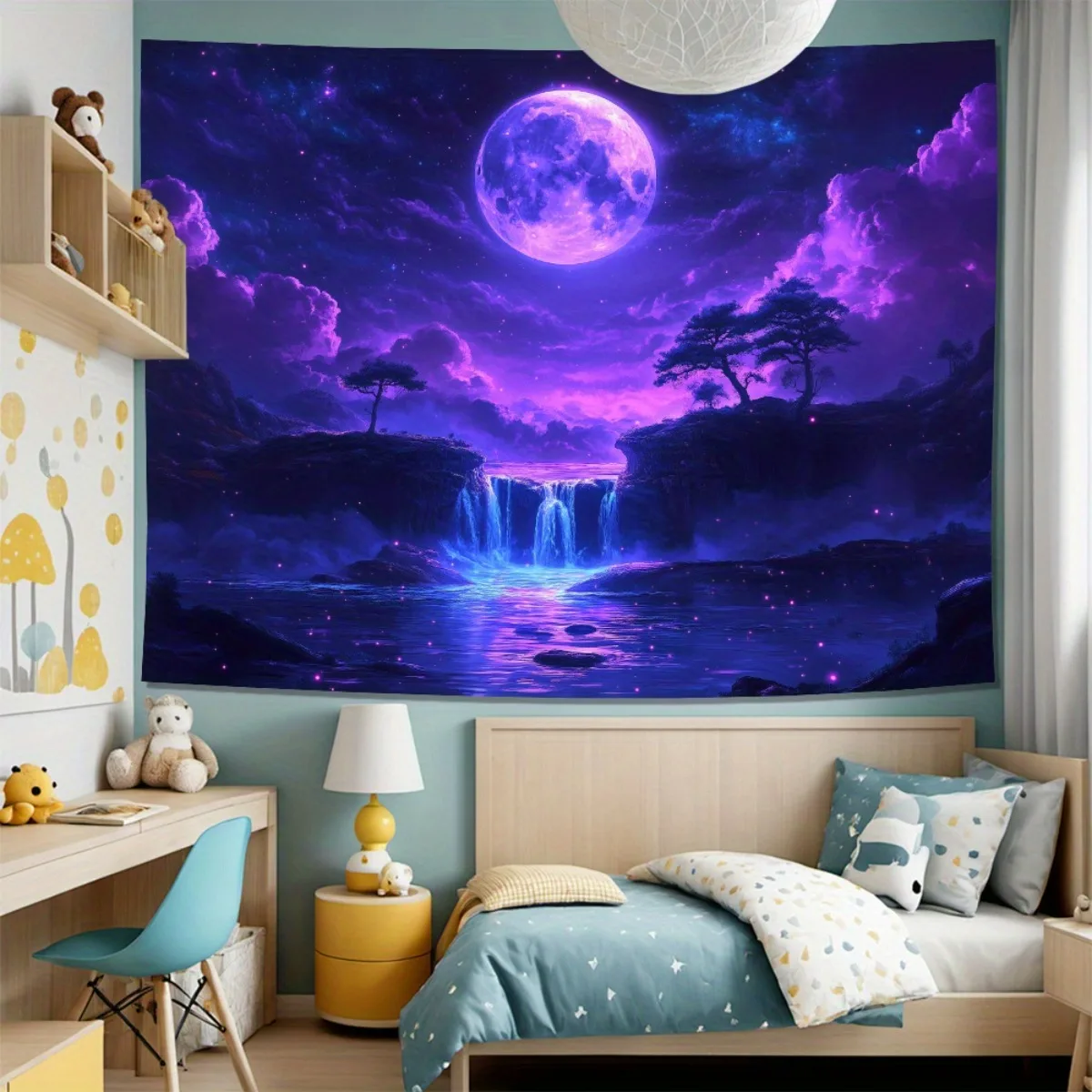 Purple Moon Waterfall Tapestry, Giant Purple Full Moon Starry Sky Cliff Waterfall Lake Wall Tapestry, Decor for Bedroom & Living