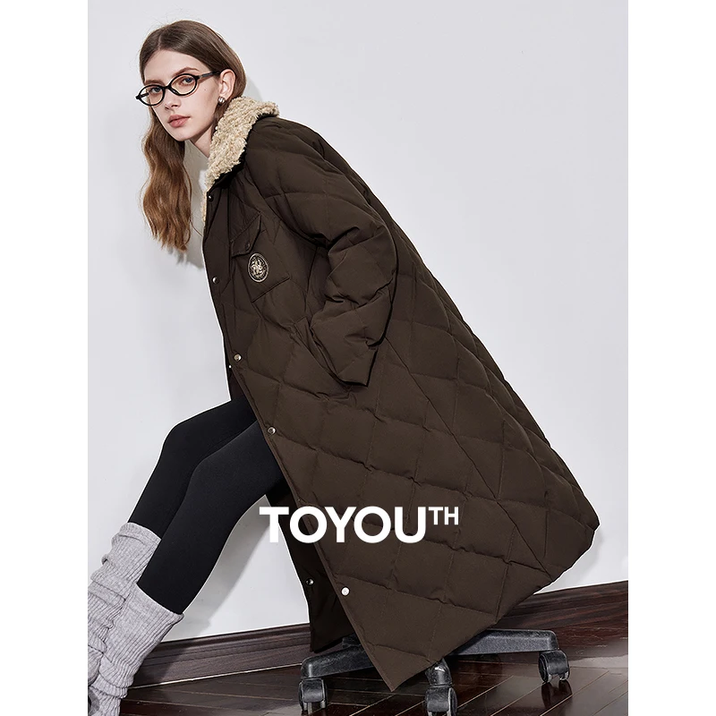 TOYOUTH Womens Down Coat 2024 Winter New Fur Collar Single Breasted Button Medium Thick Long Coat