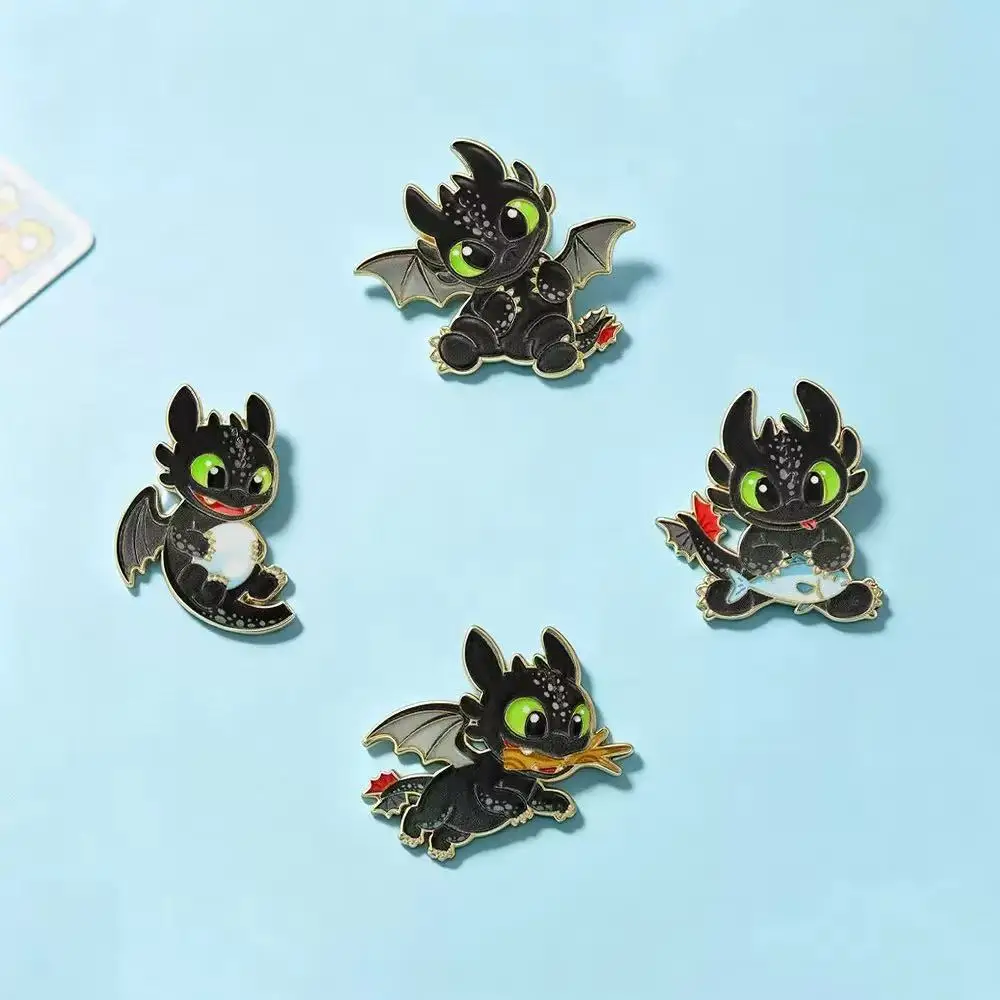 Cute Black Dragon Enamel Pin Set 4 Pcs, Cartoon Fantasy Creature Lapel Brooches, Gold‑Plated Badges for Backpack Decorative Pins