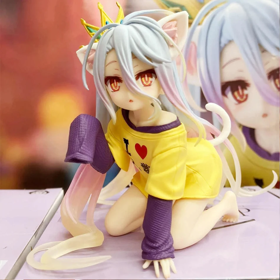 Em estoque anime sem jogo sem vida: zero shiro desktop bonito figura branca para orelha de gato camiseta 10cm modelo brinquedo figura ornamentos presente