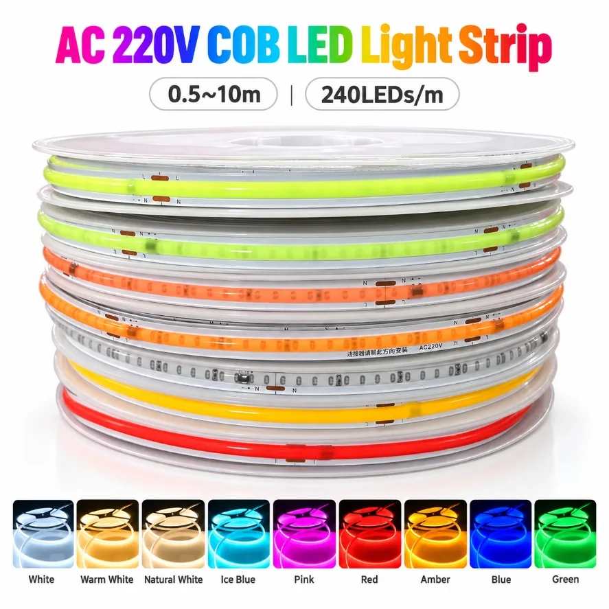 0.5-10m 220V COB LED Light Strip 240LEDs/m Smart IC No Need Driver Flexible Tape Light Multi-Color for Home Room Decor Lighting