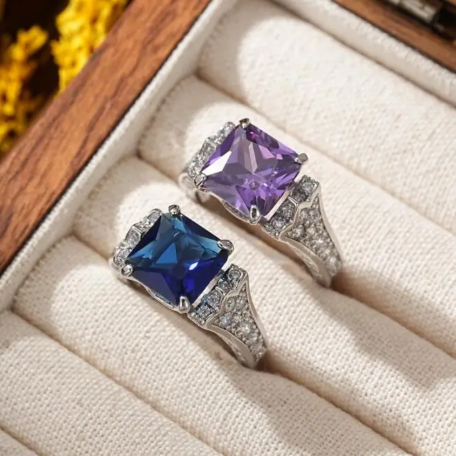 Luckyshine Square Amethyst London Blue Topaz Cubic Zirconia Gemstone Silver Rings for Holiday Gifts
