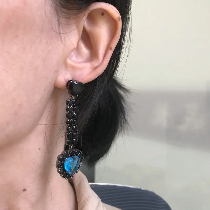 Bilincolor Fashion Long Black Zirconia and Blue Heart Earring for Women