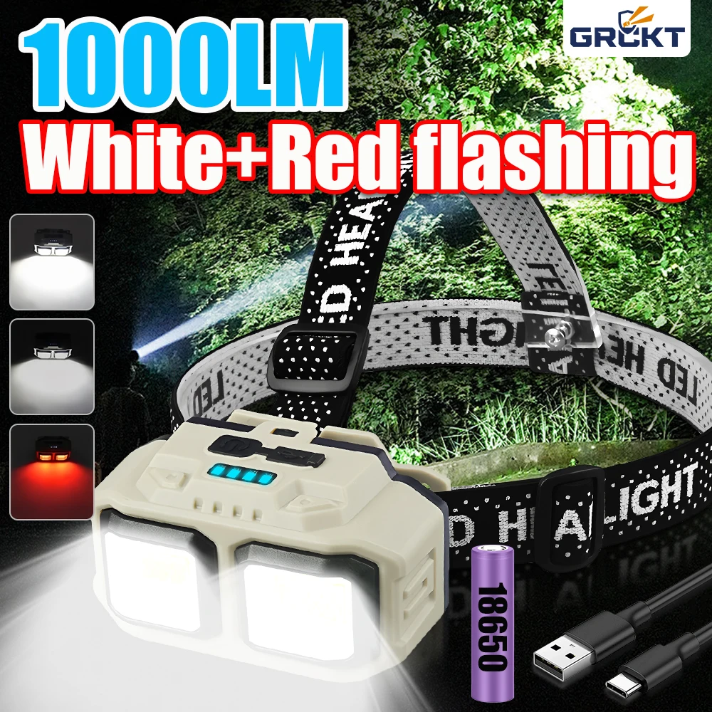 Super Bright Headlamp 1000LM USB C Rechargeable Head Torch Red Light Mode Running Emergency Mining Safety Tiltable Head Torch