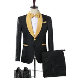 Black Tuxedo Gold Lapel Blazer 2 Pieces Men Suits Jacquard Suit Tuxedos 2024 For Wedding Men suits ( Jacket+Pants)