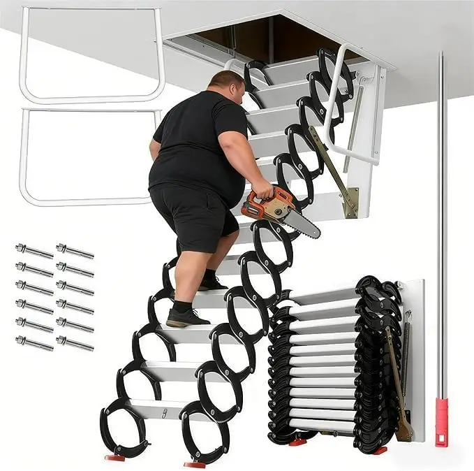 

27.5" x 23.6" Ti-Mg Alloy Anti-Slip Wall-Mounted Folding Wall-Mounted Stairs Pull Down, 1102 LBS Capacity Collapsible Scissor Ce