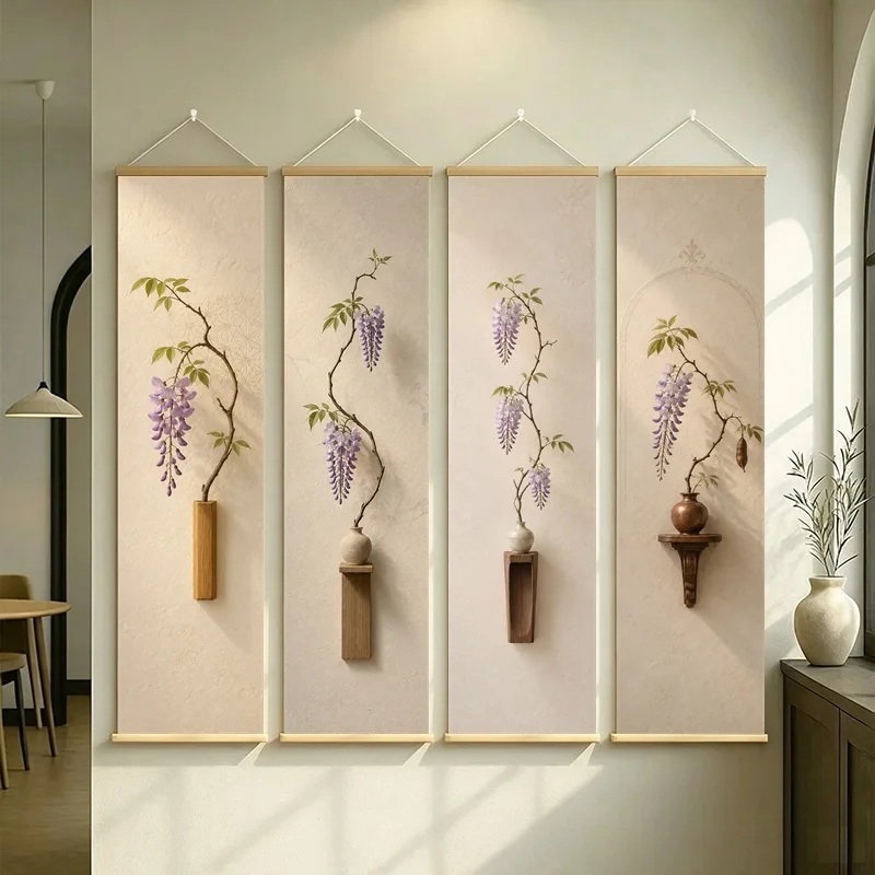 Purple Floral Wall Art 4-Panel Cascading Blossom Vase Scroll Set on Cream Silver Shimmer Canvas for Elegant Dining Room Decor