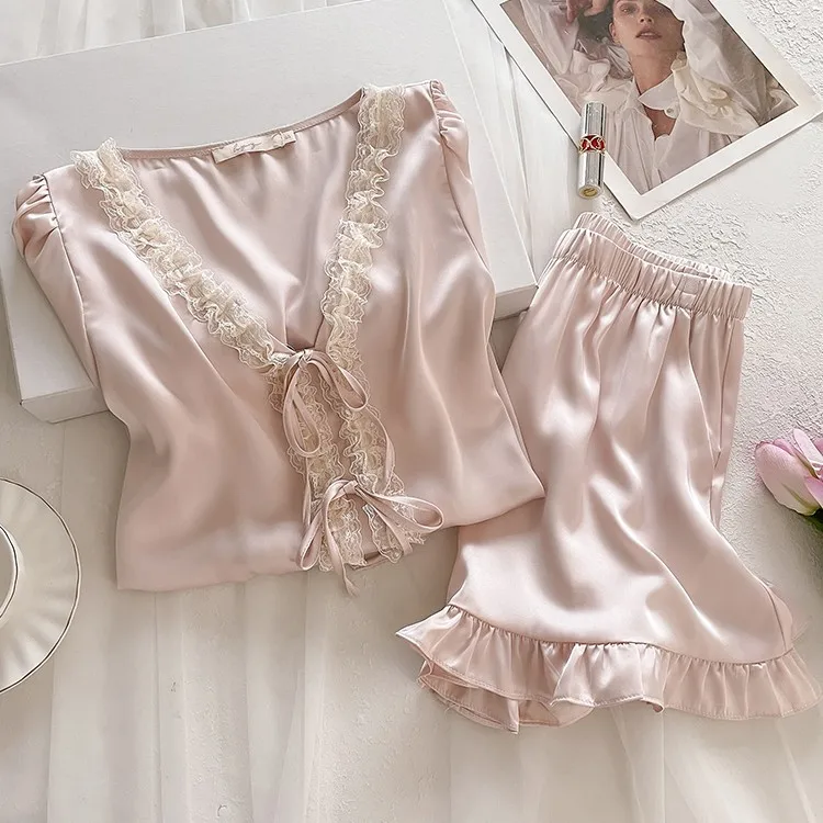 Sweet Princess Style Silk Pajamas for Women Solid Color Short Sleeved Shorts Mulberry Silk Home Wear Set Summer Thin Style XL