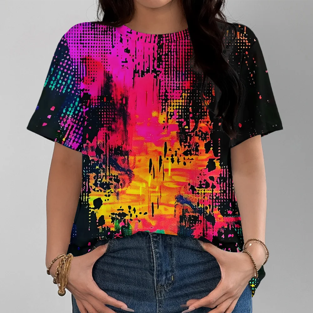 

Женская футболка Y2K с абстрактным граффити и эффектом капания, неоновая женская футболка в уличном стиле, повседневная модная удобная черная футболка с коротким рукавом