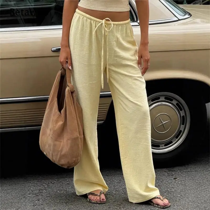 Elastic Drawstring High Waist Wide Leg Casual Pants Loose Multiple Solid Color Options Side Pocket Design for Campus Daily