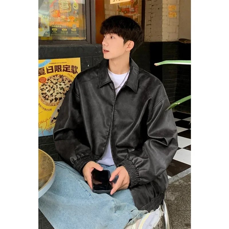 New Autumn Outfit Autumn New Hong Kong Style Retro Tie Dye Leather Jacket for Men, Korean Version Leather Jacket Shirt for Men