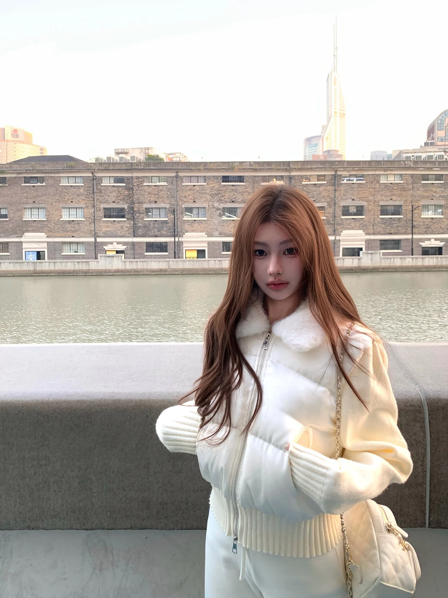 

Chien Knitted Splicing down Jaet Women's Winter Coat White Du Feather Collar Warm Commute Sle Korean Version ort Length