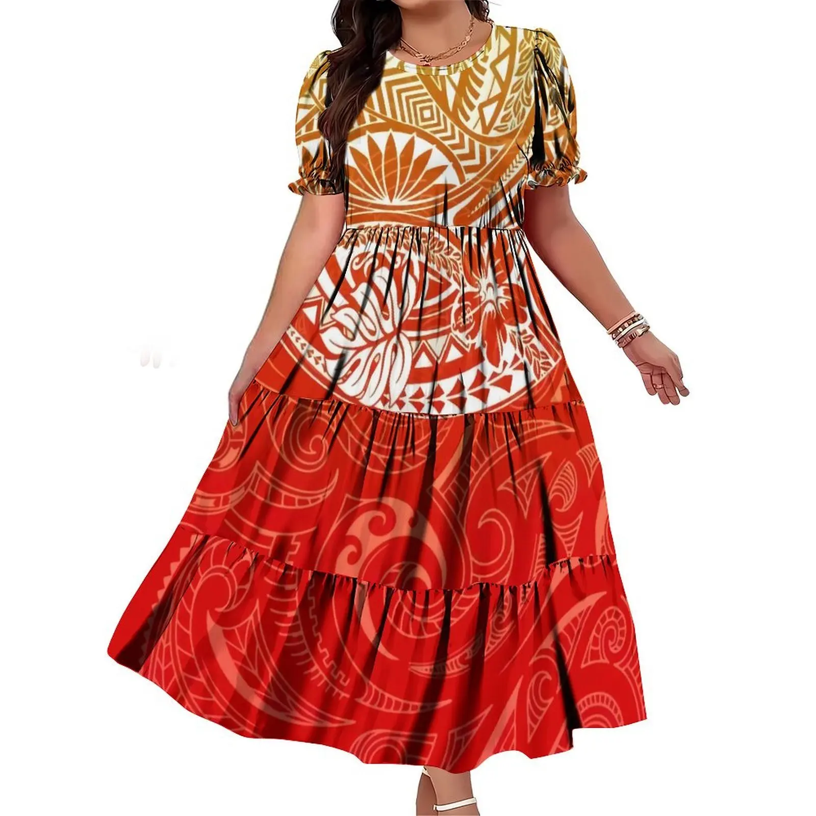 Polynesian Island Custom Samoan Festival Party Women'S Short-Sleeved Dress Fashionable Loose Long Dress Casual And Elegant Dress