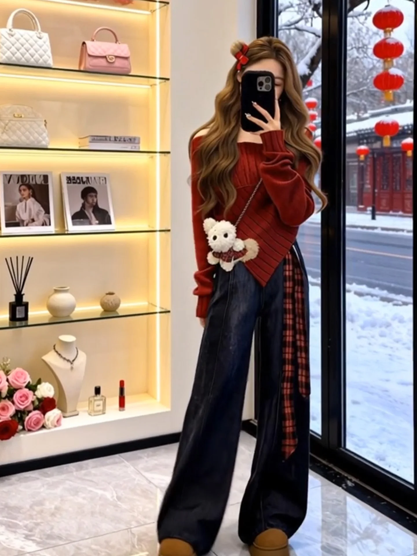 

Ele Red Knitted Top And Wide Leg Jeans Set for Women Beautiful Casual Wear for Important Ocns Spring Season