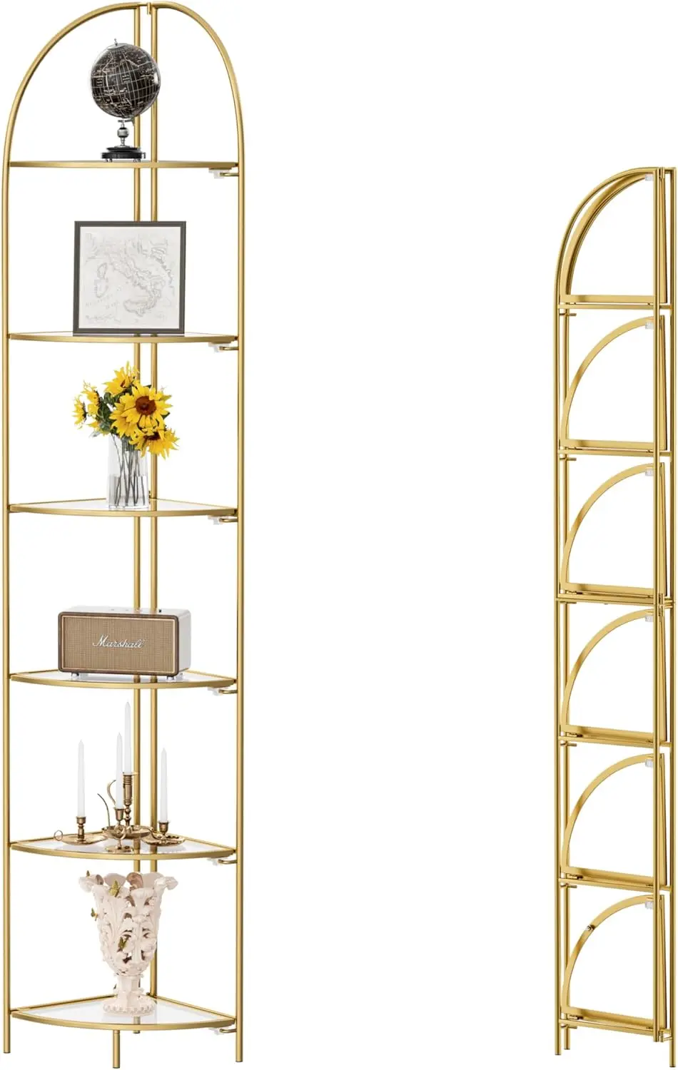 

6 Tier Corner Shelf, Metal Corner Plant Stand Gold Frame and Transparent Shelves, Corner Display Rack Multipurpose Shelving Unit