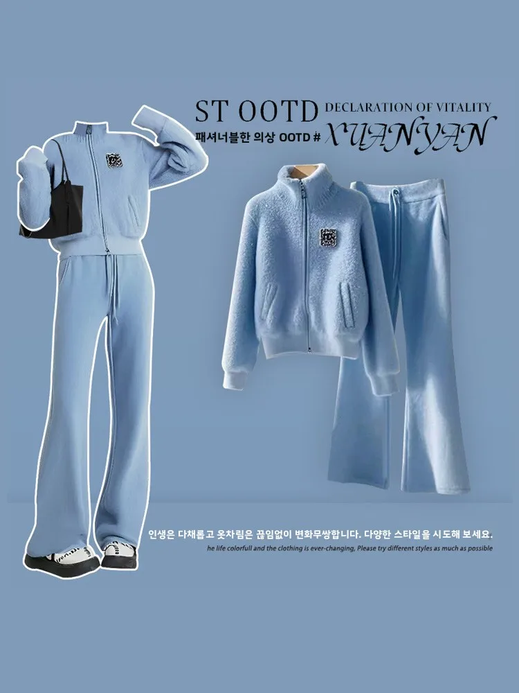 

Синий свитер с воротником-стойкой, джерси и брюки-клеш, женский осенний наряд с высокой талией, длинный повседневный тонкий комплект из двух предметов...