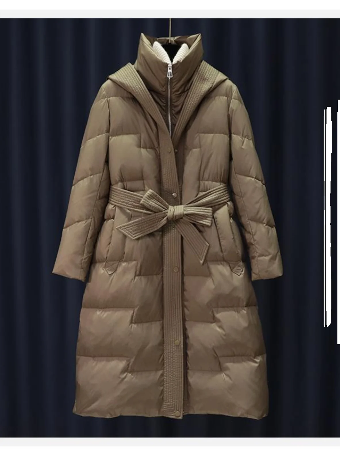 

Ele Slim-Fit Hooded Du down Jaet with Belt Mid-Length Anti-Fluffy High-End Waist Belt European Sle White Du Feather