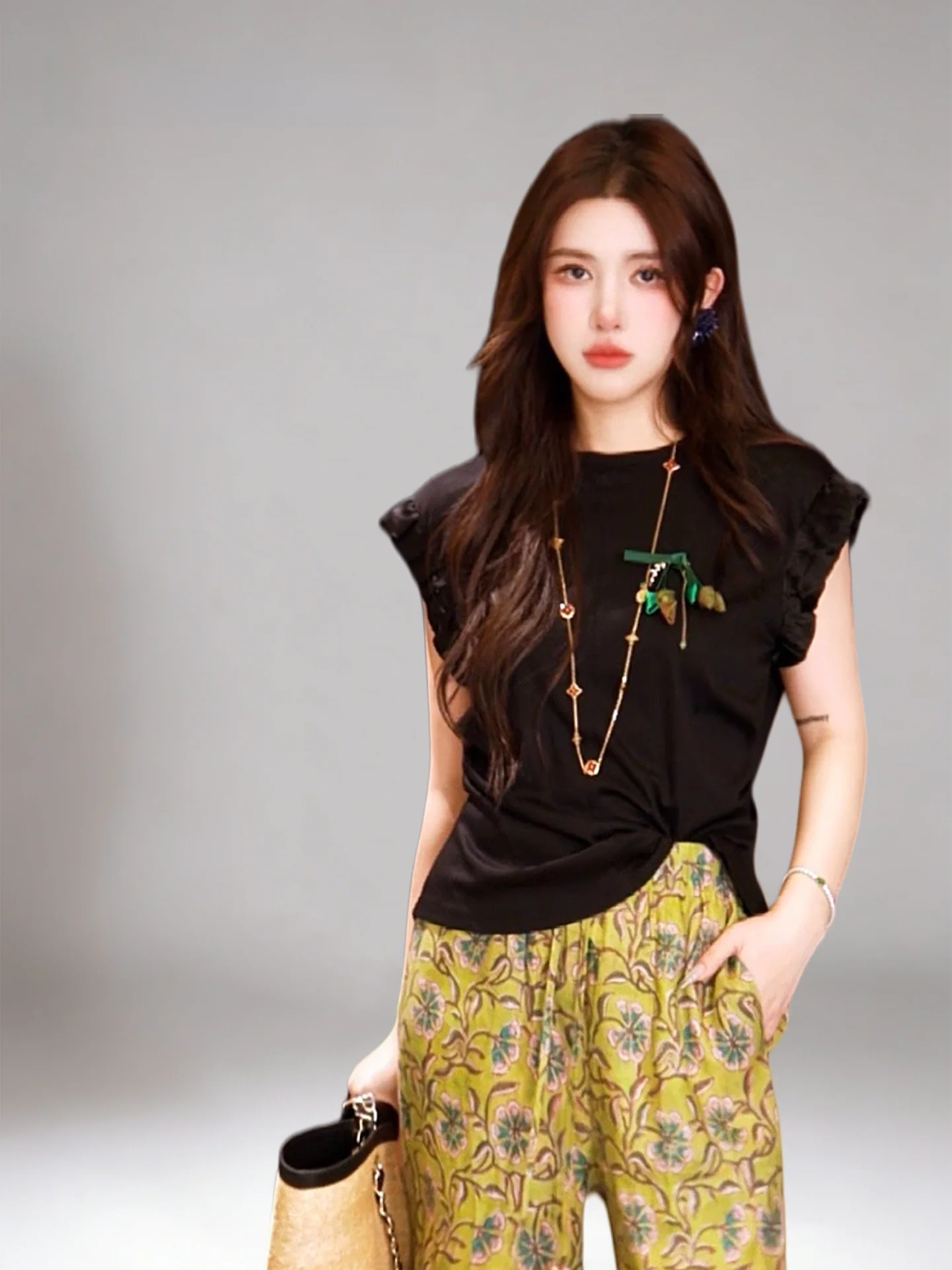 

Женская модная футболка из чистого хлопка с коротким рукавом, облегающая, с узлом и бисером, дышащая, летняя, вязаная, с завышенной талией